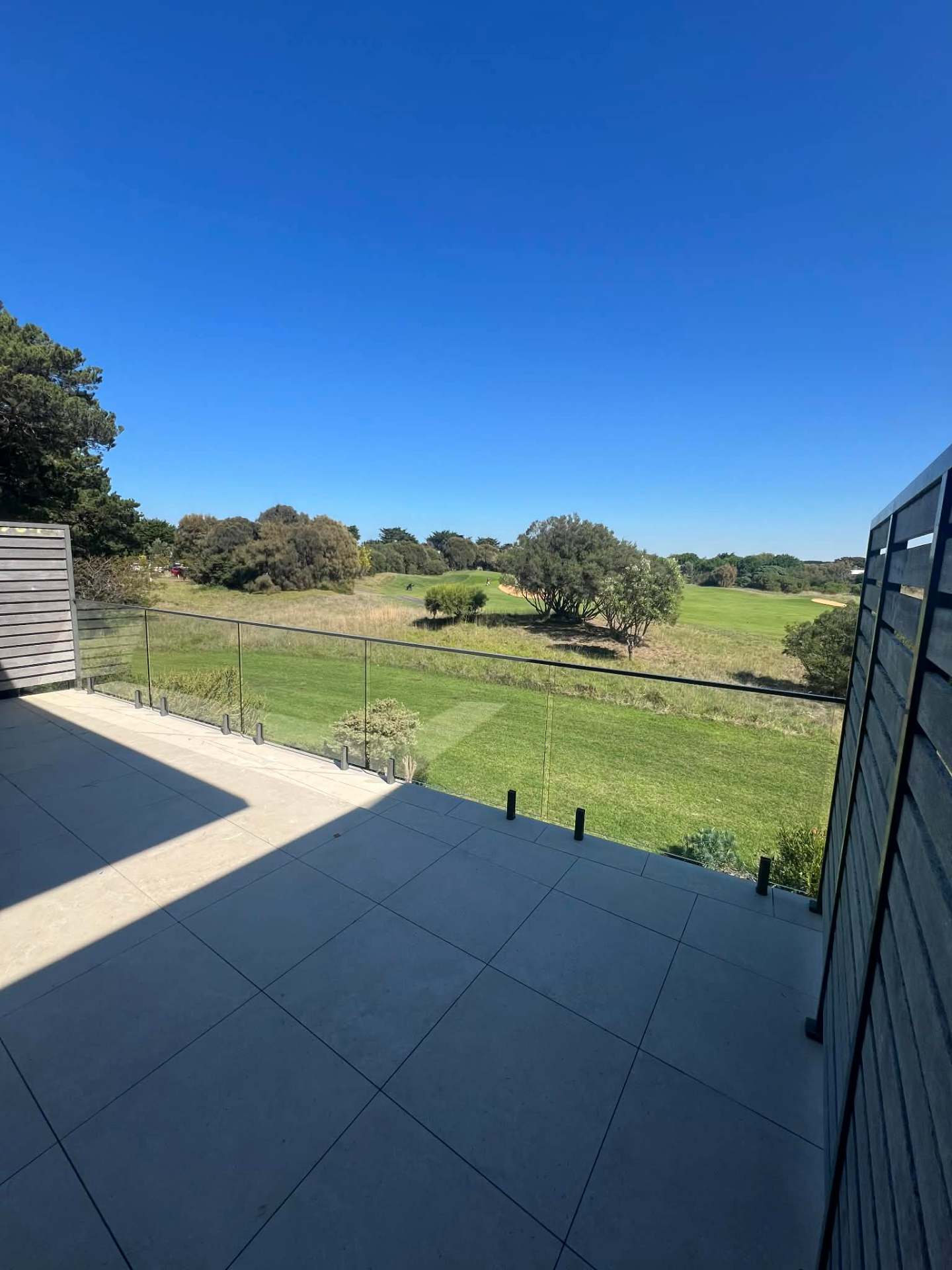 Glass balustrade with black posts on a balcony